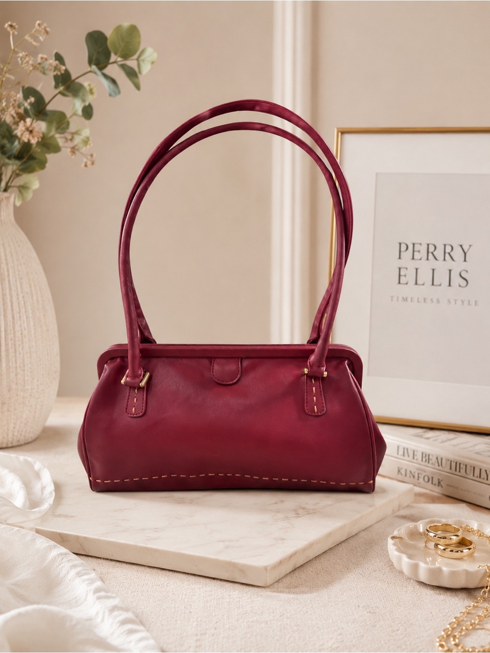 Perry Ellis Burgundy Leather Doctor Bag Satchel Purse Structured Frame Handbag